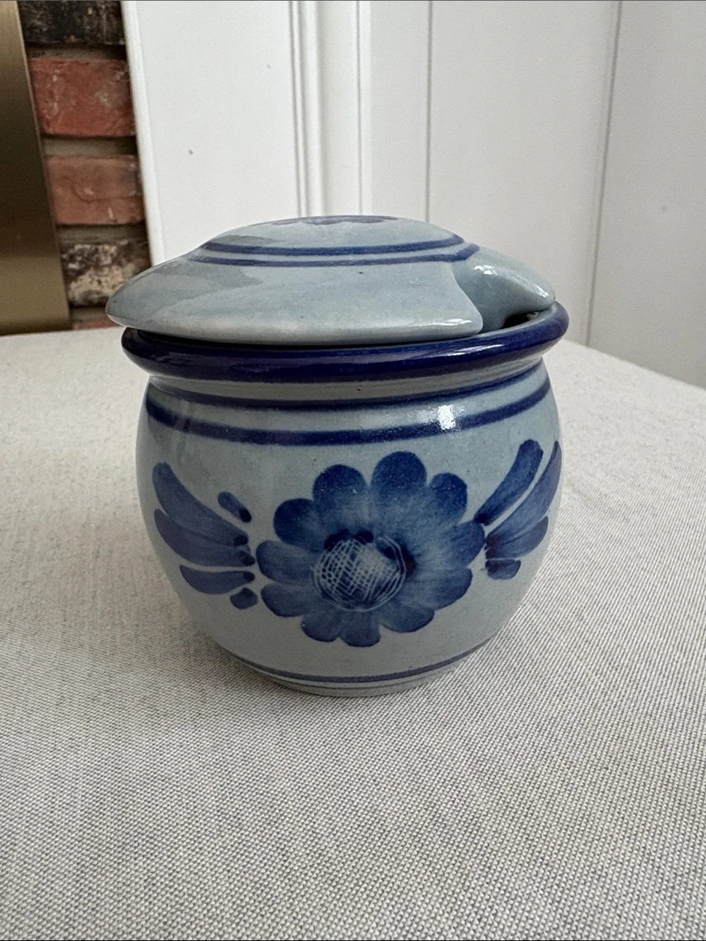 3.5” Aksini Denmark Blue Floral Ceramic Sugar Jar with Lid Lead Free